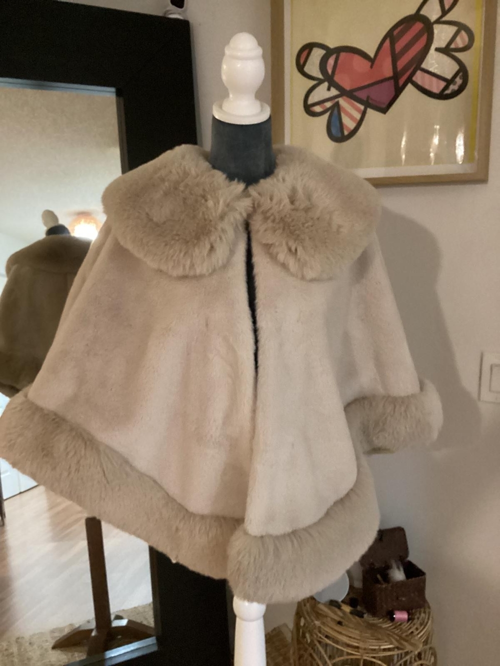 La Fiorentina Cream Faux Fur Cape with Plush Collar